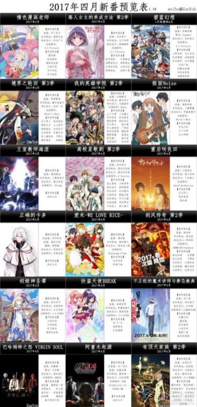 2017年4月新番动画表中文版 人气续作强力来袭